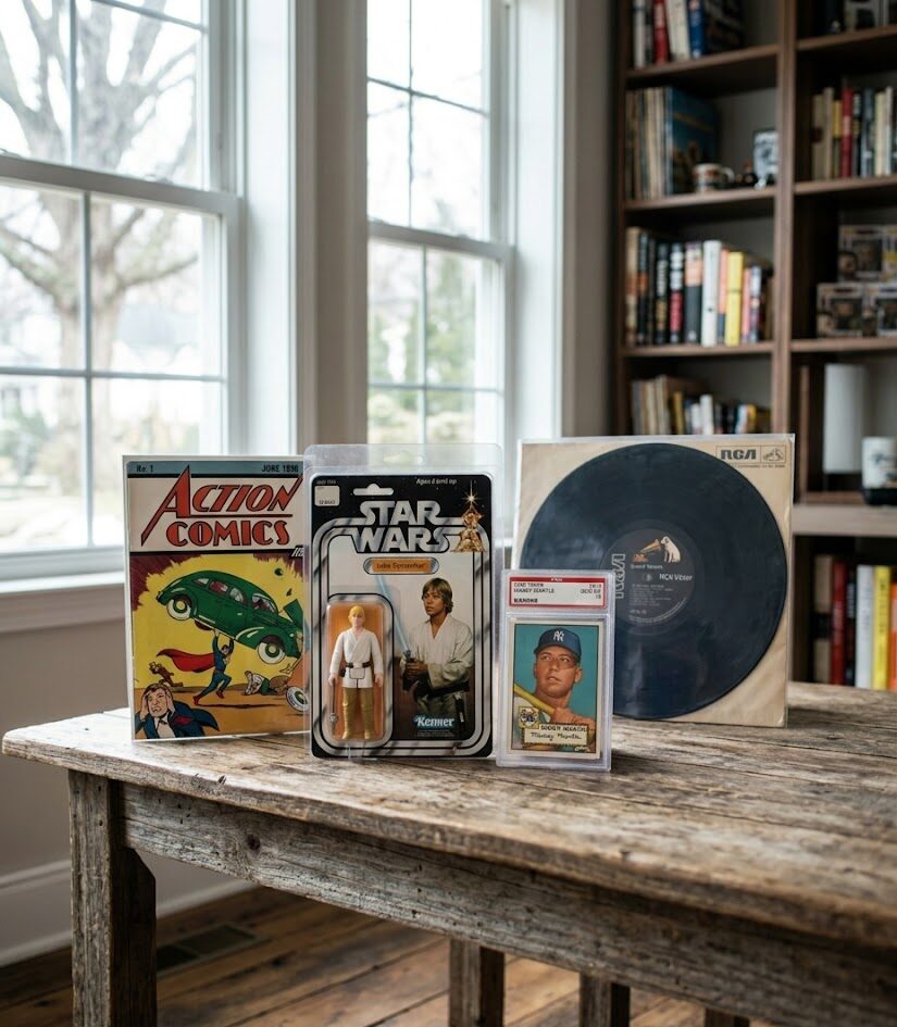 A curated display of comic books, trading cards, and vintage memorabilia